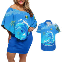Saint Vincent and the Grenadines Dolphin Couples Matching Off Shoulder Short Dress and Hawaiian Shirt with Ocean Wave and Tropical Island Design - Wonder Print Shop