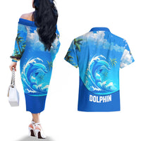Saint Vincent and the Grenadines Dolphin Couples Matching Off The Shoulder Long Sleeve Dress and Hawaiian Shirt with Ocean Wave and Tropical Island Design - Wonder Print Shop