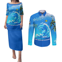 Saint Vincent and the Grenadines Dolphin Couples Matching Puletasi and Long Sleeve Button Shirt with Ocean Wave and Tropical Island Design - Wonder Print Shop