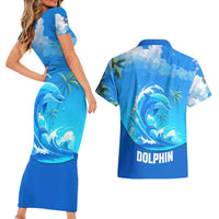 Saint Vincent and the Grenadines Dolphin Couples Matching Short Sleeve Bodycon Dress and Hawaiian Shirt with Ocean Wave and Tropical Island Design - Wonder Print Shop