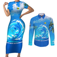 Saint Vincent and the Grenadines Dolphin Couples Matching Short Sleeve Bodycon Dress and Long Sleeve Button Shirt with Ocean Wave and Tropical Island Design - Wonder Print Shop