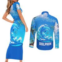 Saint Vincent and the Grenadines Dolphin Couples Matching Short Sleeve Bodycon Dress and Long Sleeve Button Shirt with Ocean Wave and Tropical Island Design - Wonder Print Shop