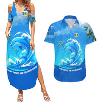 Saint Vincent and the Grenadines Dolphin Couples Matching Summer Maxi Dress and Hawaiian Shirt with Ocean Wave and Tropical Island Design - Wonder Print Shop
