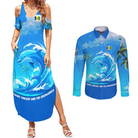 Saint Vincent and the Grenadines Dolphin Couples Matching Summer Maxi Dress and Long Sleeve Button Shirt with Ocean Wave and Tropical Island Design - Wonder Print Shop