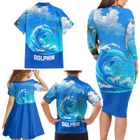 Saint Vincent and the Grenadines Dolphin Family Matching Long Sleeve Bodycon Dress and Hawaiian Shirt with Ocean Wave and Tropical Island Design - Wonder Print Shop