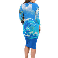 Saint Vincent and the Grenadines Dolphin Family Matching Long Sleeve Bodycon Dress and Hawaiian Shirt with Ocean Wave and Tropical Island Design - Wonder Print Shop