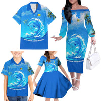 Saint Vincent and the Grenadines Dolphin Family Matching Off The Shoulder Long Sleeve Dress and Hawaiian Shirt with Ocean Wave and Tropical Island Design - Wonder Print Shop