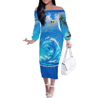 Saint Vincent and the Grenadines Dolphin Family Matching Off The Shoulder Long Sleeve Dress and Hawaiian Shirt with Ocean Wave and Tropical Island Design - Wonder Print Shop