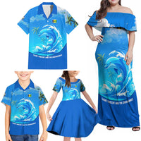 Saint Vincent and the Grenadines Dolphin Family Matching Off Shoulder Maxi Dress and Hawaiian Shirt with Ocean Wave and Tropical Island Design - Wonder Print Shop