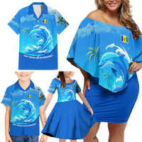 Saint Vincent and the Grenadines Dolphin Family Matching Off Shoulder Short Dress and Hawaiian Shirt with Ocean Wave and Tropical Island Design - Wonder Print Shop