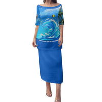Saint Vincent and the Grenadines Dolphin Family Matching Puletasi and Hawaiian Shirt with Ocean Wave and Tropical Island Design - Wonder Print Shop