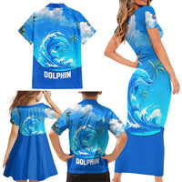 Saint Vincent and the Grenadines Dolphin Family Matching Short Sleeve Bodycon Dress and Hawaiian Shirt with Ocean Wave and Tropical Island Design - Wonder Print Shop