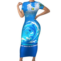 Saint Vincent and the Grenadines Dolphin Family Matching Short Sleeve Bodycon Dress and Hawaiian Shirt with Ocean Wave and Tropical Island Design - Wonder Print Shop