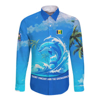 Saint Vincent and the Grenadines Dolphin Long Sleeve Button Shirt with Ocean Wave and Tropical Island Design - Wonder Print Shop