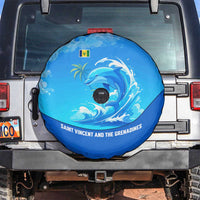 Saint Vincent and the Grenadines Dolphin Spare Tire Cover with Ocean Wave and Tropical Island Design - Wonder Print Shop