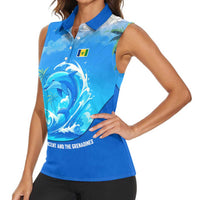 Saint Vincent and the Grenadines Dolphin Women Sleeveless Polo Shirt with Ocean Wave and Tropical Island Design - Wonder Print Shop