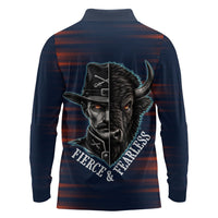 Buffalo Soldiers Fierce And Fearless Cavalry Long Sleeve Polo Shirt Half Face Soldier And Bison Halftone Graphic Art