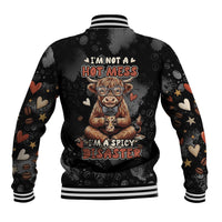 Hot Mess Highland Cow Baseball Jacket Funny Cute Coffee Lover - Im A Spicy Disaster