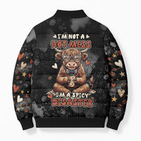 Hot Mess Highland Cow Bomber Puffer Jacket Funny Cute Coffee Lover - Im A Spicy Disaster