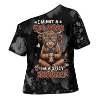 Hot Mess Highland Cow Cross Shoulder Shirt Funny Cute Coffee Lover - Im A Spicy Disaster