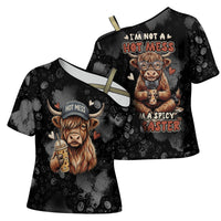 Hot Mess Highland Cow Cross Shoulder Shirt Funny Cute Coffee Lover - Im A Spicy Disaster