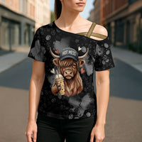 Hot Mess Highland Cow Cross Shoulder Shirt Funny Cute Coffee Lover - Im A Spicy Disaster