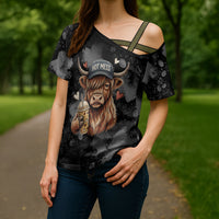 Hot Mess Highland Cow Cross Shoulder Shirt Funny Cute Coffee Lover - Im A Spicy Disaster