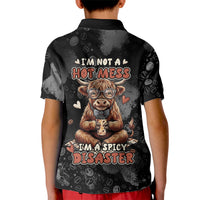 Hot Mess Highland Cow Kid Polo Shirt Funny Cute Coffee Lover - Im A Spicy Disaster