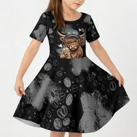 Hot Mess Highland Cow Kid Short Sleeve Dress Funny Cute Coffee Lover - Im A Spicy Disaster