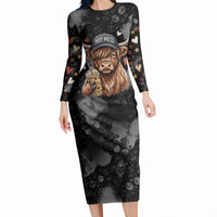 Hot Mess Highland Cow Long Sleeve Bodycon Dress Funny Cute Coffee Lover - Im A Spicy Disaster