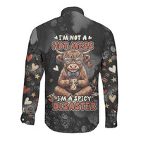 Hot Mess Highland Cow Long Sleeve Button Shirt Funny Cute Coffee Lover - Im A Spicy Disaster