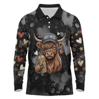 Hot Mess Highland Cow Long Sleeve Polo Shirt Funny Cute Coffee Lover - Im A Spicy Disaster
