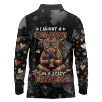 Hot Mess Highland Cow Long Sleeve Polo Shirt Funny Cute Coffee Lover - Im A Spicy Disaster