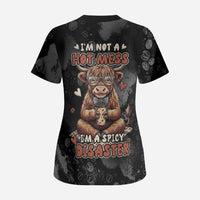 Hot Mess Highland Cow Scrub Top Funny Cute Coffee Lover - Im A Spicy Disaster