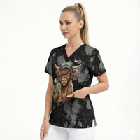 Hot Mess Highland Cow Scrub Top Funny Cute Coffee Lover - Im A Spicy Disaster