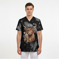 Hot Mess Highland Cow Scrub Top Funny Cute Coffee Lover - Im A Spicy Disaster