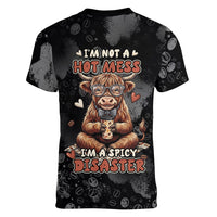 Hot Mess Highland Cow Women V-Neck T-Shirt Funny Cute Coffee Lover - Im A Spicy Disaster