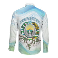 Uzbekistan Independence Day Long Sleeve Button Shirt Honor The Legacy Flying Eagle Plants National Emblem
