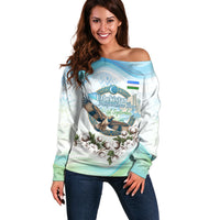 Uzbekistan Independence Day Off Shoulder Sweater Honor The Legacy Flying Eagle Plants National Emblem