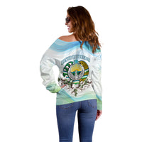 Uzbekistan Independence Day Off Shoulder Sweater Honor The Legacy Flying Eagle Plants National Emblem