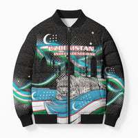 Uzbekistan Independence Day Bomber Puffer Jacket Freedom Snow Leopard Minaret Architecture Flag