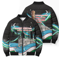 Uzbekistan Independence Day Bomber Puffer Jacket Freedom Snow Leopard Minaret Architecture Flag