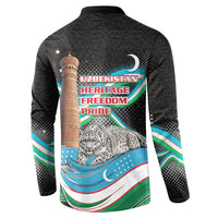 Uzbekistan Independence Day Button Sweatshirt Freedom Snow Leopard Minaret Architecture Flag