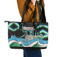 Uzbekistan Independence Day Leather Tote Bag Freedom Snow Leopard Minaret Architecture Flag