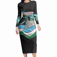 Uzbekistan Independence Day Long Sleeve Bodycon Dress Freedom Snow Leopard Minaret Architecture Flag