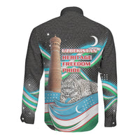 Uzbekistan Independence Day Long Sleeve Button Shirt Freedom Snow Leopard Minaret Architecture Flag