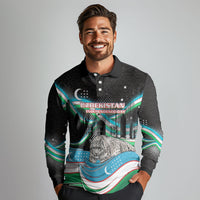 Uzbekistan Independence Day Long Sleeve Polo Shirt Freedom Snow Leopard Minaret Architecture Flag