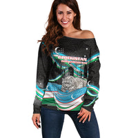Uzbekistan Independence Day Off Shoulder Sweater Freedom Snow Leopard Minaret Architecture Flag