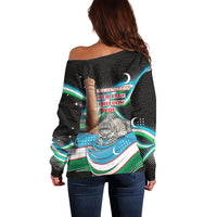 Uzbekistan Independence Day Off Shoulder Sweater Freedom Snow Leopard Minaret Architecture Flag