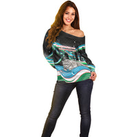 Uzbekistan Independence Day Off Shoulder Sweater Freedom Snow Leopard Minaret Architecture Flag